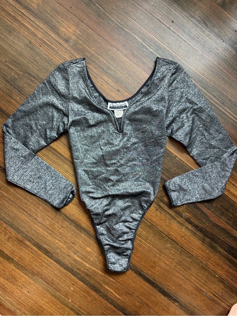 Shimmery Gray Long-Sleeve Bodysuit with Subtle V-Neck